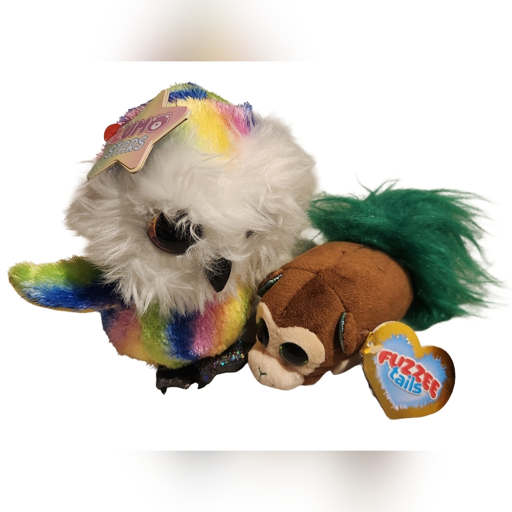 NWT Lumo Stars Stripe the Rainbow Owl & Fuzzee Tails Bonzai Monkey Plush Set 6"